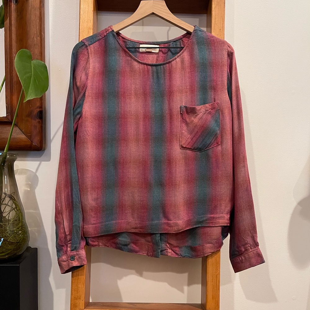 Anthropologie Cloth & Stone SZ M Red and Blue Plaid Lace Up Back Top!